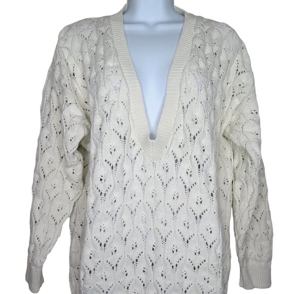Vintage 80s Harot Pullover Cotton Sweater L White Open Knit V Neck Made in USA - Picture 7 of 10